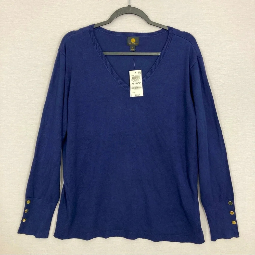 New JM Collection Navy V Neck‎ Tight Knit Button Cuff Lightweight Sweater XL